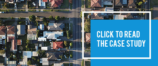 Blue box contains the words "Click to read the case study" over an aerial picture of a neighborhood