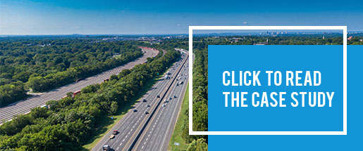 "Click to Read the Case Study" against a blue square with an aerial view of a highway in the background